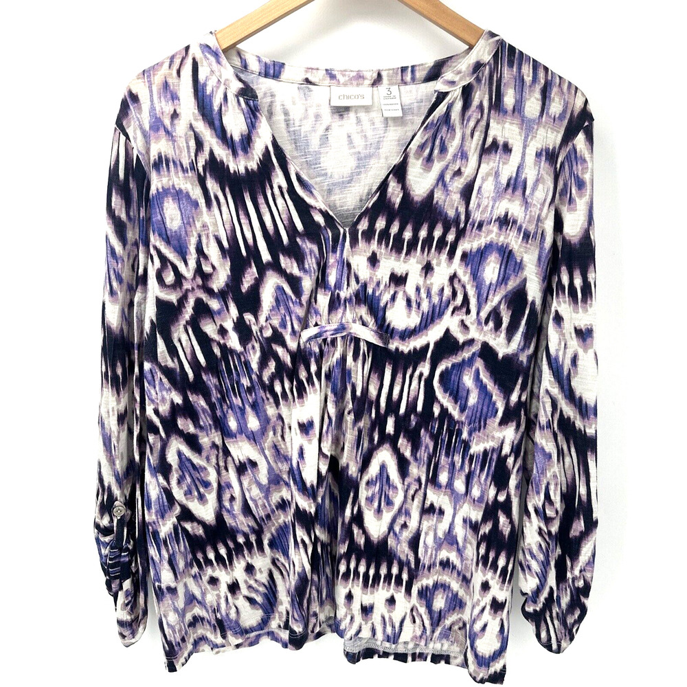 Chico's Blouse Womens XL V-Neck Roll Tab Sleeves Pullover Purple White Blue